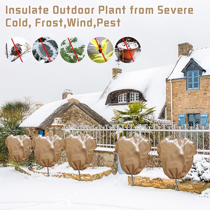 6 Pcs Winter Plant Covers Freeze Protection Reusable Plant Protector Bag with Drawstring Warm Shrubs Cover Frost Protection Planting Jacket Bags for Outdoor Garden, Brown (39.4 x 31.5 Inch)