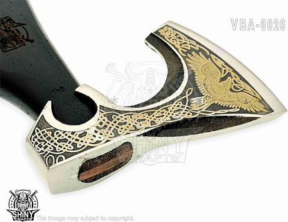 SHINY CRAFTS-Axes Handmade Viking Axe Hatchet Norse Axe-Carbon Steel Head and Golden Flying Eagle Design, Ash Wood Handle Viking Gifts for Men with Premium Quality Leather Sheath (SCA 20)