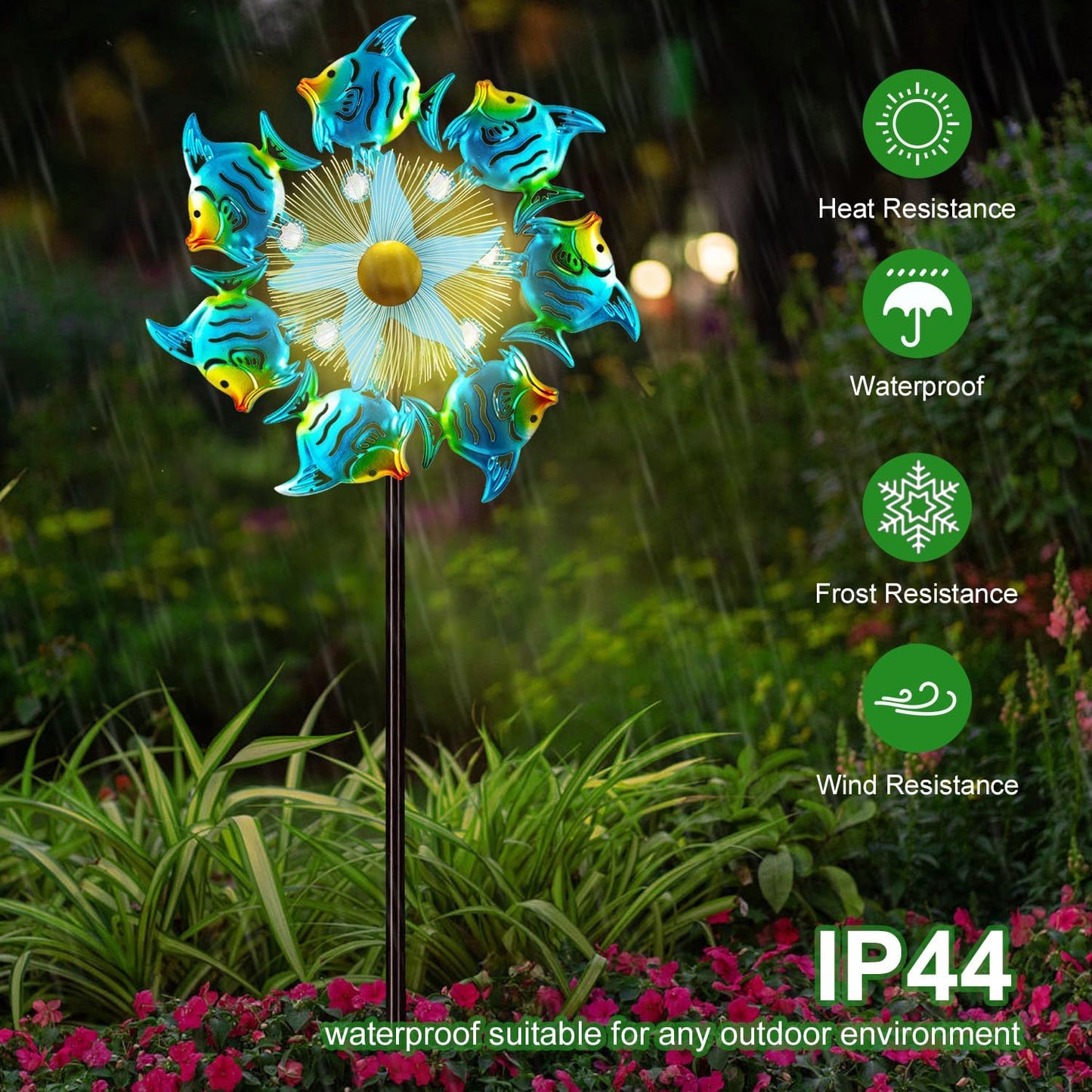 Solar Wind Spinners Outdoor, 51" Waterproof Metal Stake Tropical Fish Sculpture with 7 Color LED Lights 360° Rotating Kinetic Solar Windmill for Yard Garden Lawn Patio Decor
