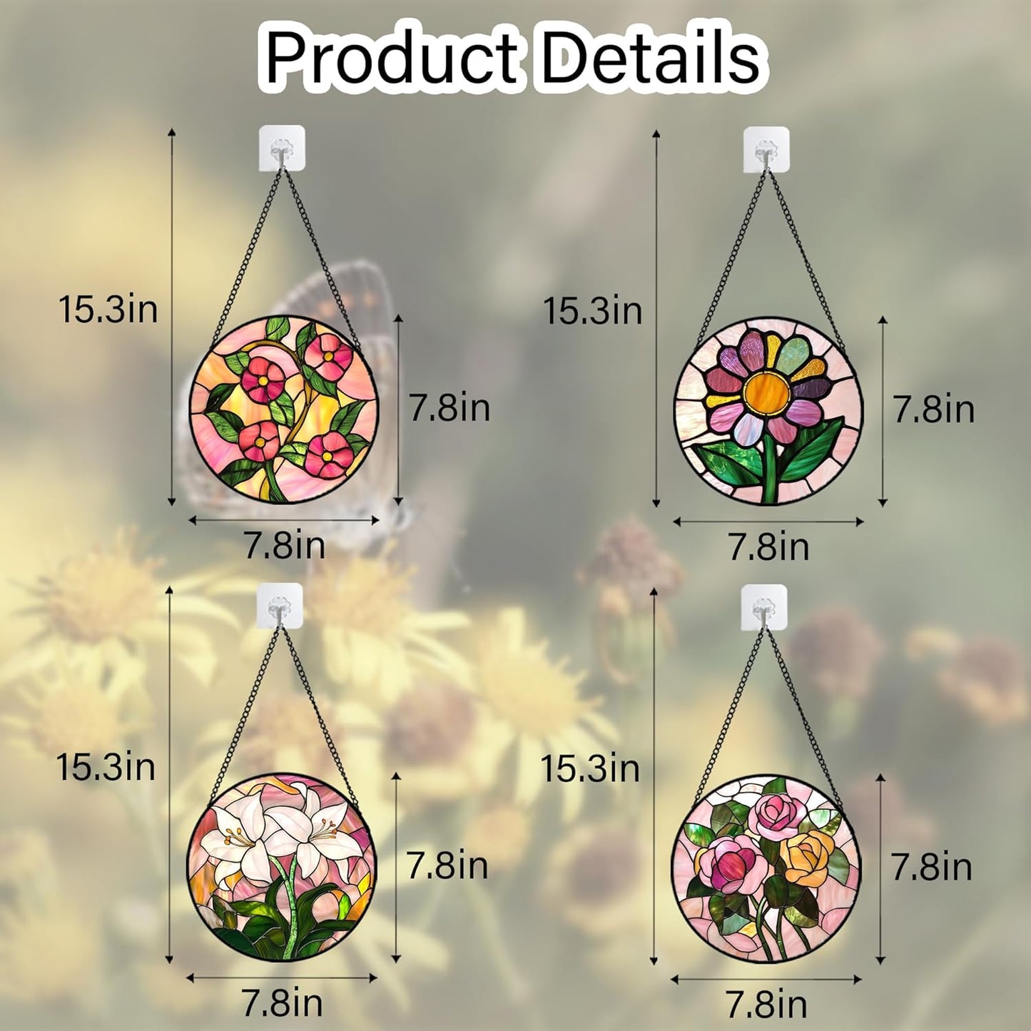 Stained Glass Window Hanging 4 Pcs Set Pink Floral Theme 7.8" - Flowers Suncatcher Door Garden Sun Catcher Decor Birthday Christmas for Mom Woman Nana Men Friend