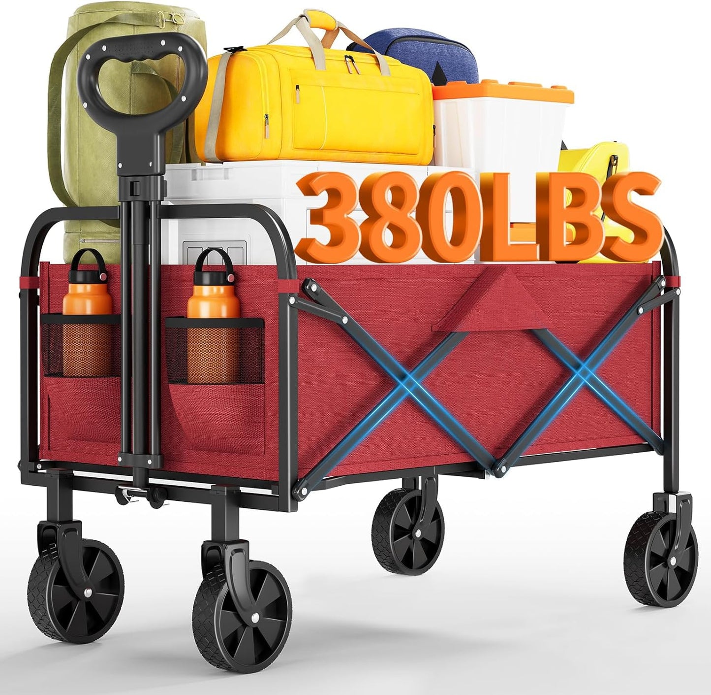 Collapsible Wagon Cart 380Lbs Capacity, Foldable Utility Portable Beach Wagon with All-Terrain Wheels, Adjustable Handle & Drink Holders, Carts with Wheels for Grocery, Camping, Shopping, Garden Cart