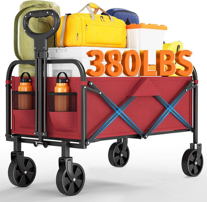 Collapsible Wagon Cart 380Lbs Capacity, Foldable Utility Portable Beach Wagon with All-Terrain Wheels, Adjustable Handle & Drink Holders, Carts with Wheels for Grocery, Camping, Shopping, Garden Cart