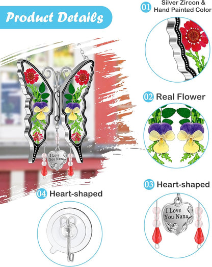 KY&BOSAM Butterfly Suncatcher for Windows Hangings Gifts Stained Glass Wind Chimes Pressed Real Flower and I Love You Nana Heart Charm Mother`s Day Gift for Nana Birthday Valentine`s Christmas Decor