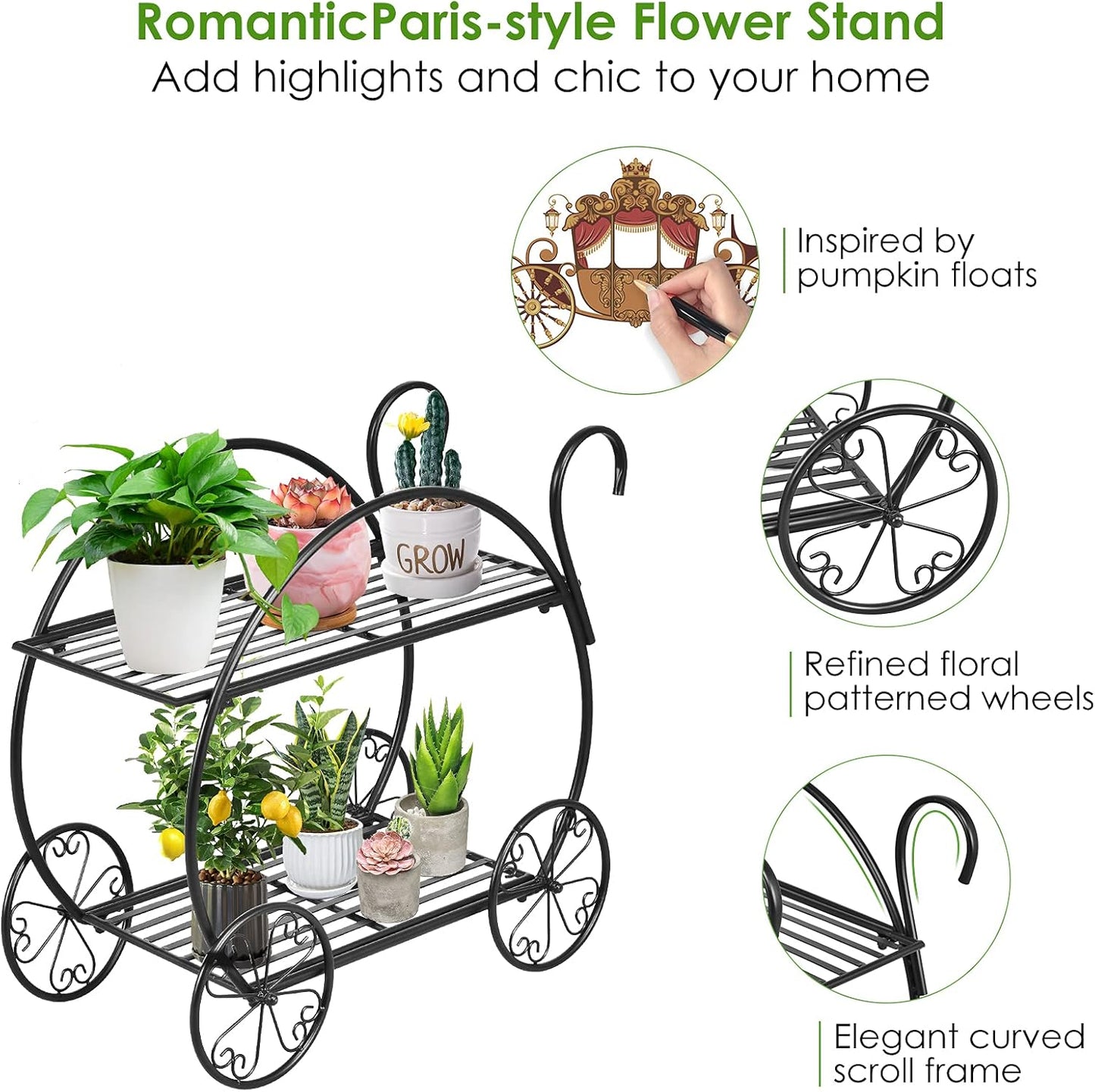 S AFSTAR Metal Plant Stand, Two Tiered Garden Cart Shelf for Indoor Outdoor Home Garden Patio, Parisian Style Flower Pot Holder, Stable and Durable