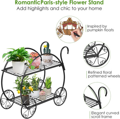 S AFSTAR Metal Plant Stand, Two Tiered Garden Cart Shelf for Indoor Outdoor Home Garden Patio, Parisian Style Flower Pot Holder, Stable and Durable