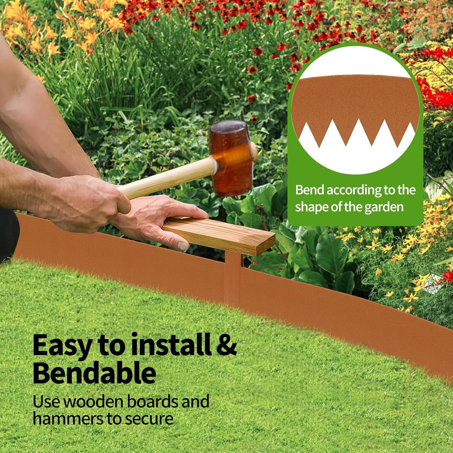 Landscape Edging, 40 x 8 in Strips 6-Pack, Hammer-in Powder Coated Metal Garden Border with 6 Clips, Bendable Metal Landscape Edging for Yard Flower Bed Lawn Pathway Divider(Brown, 14 Teeth)