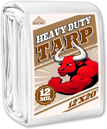 Tarp 12x20 ft Heavy Duty 12mil 100% Waterproof High Durability Multipurpose,Uv Resistant,White Tarp Suitable for Swimming Pools, Boats, Camping, Courtyards, Etc -by MVPNET