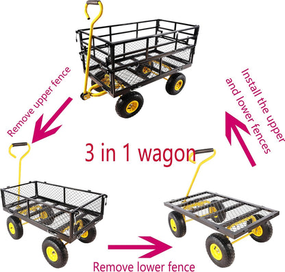 Heavy Duty Garden Wagon with Foldable Sides, Pneumatic Tires, Adjustable Handle (Yellow + Black Double Layer)