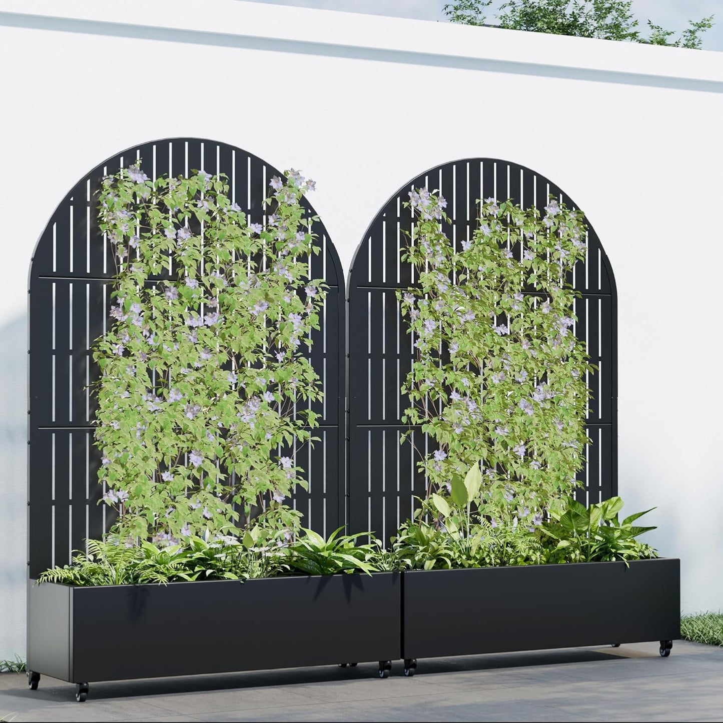 Casaphoria 72"x47" Metal Raised Garden Bed with Trellis(2 Pack), Outdoor Planter Box with Wheels & Drainage Holes for Climbing Plants, Flowers, Elevated Garden Kit, Black-Fence-Arched