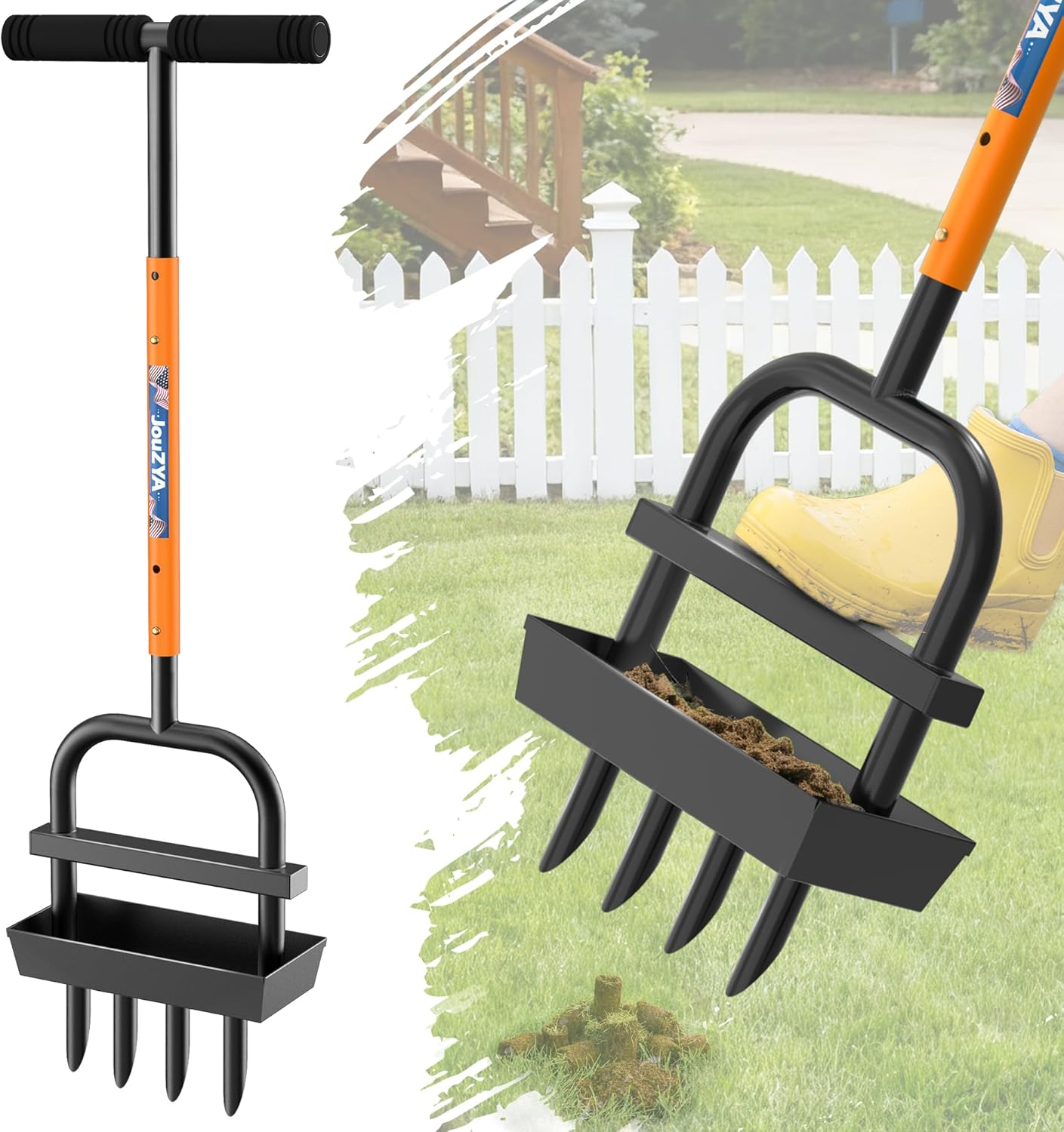 Lawn Aerator Coring Tool with Soil Core Collection Tray, 4 Tines Manual Yard Air Grass Aerator Gardening Tool for Lawn Care Courtyard,Orange（Updated Box）