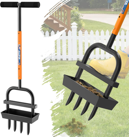 Lawn Aerator Coring Tool with Soil Core Collection Tray, 4 Tines Manual Yard Air Grass Aerator Gardening Tool for Lawn Care Courtyard,Orange（Updated Box）