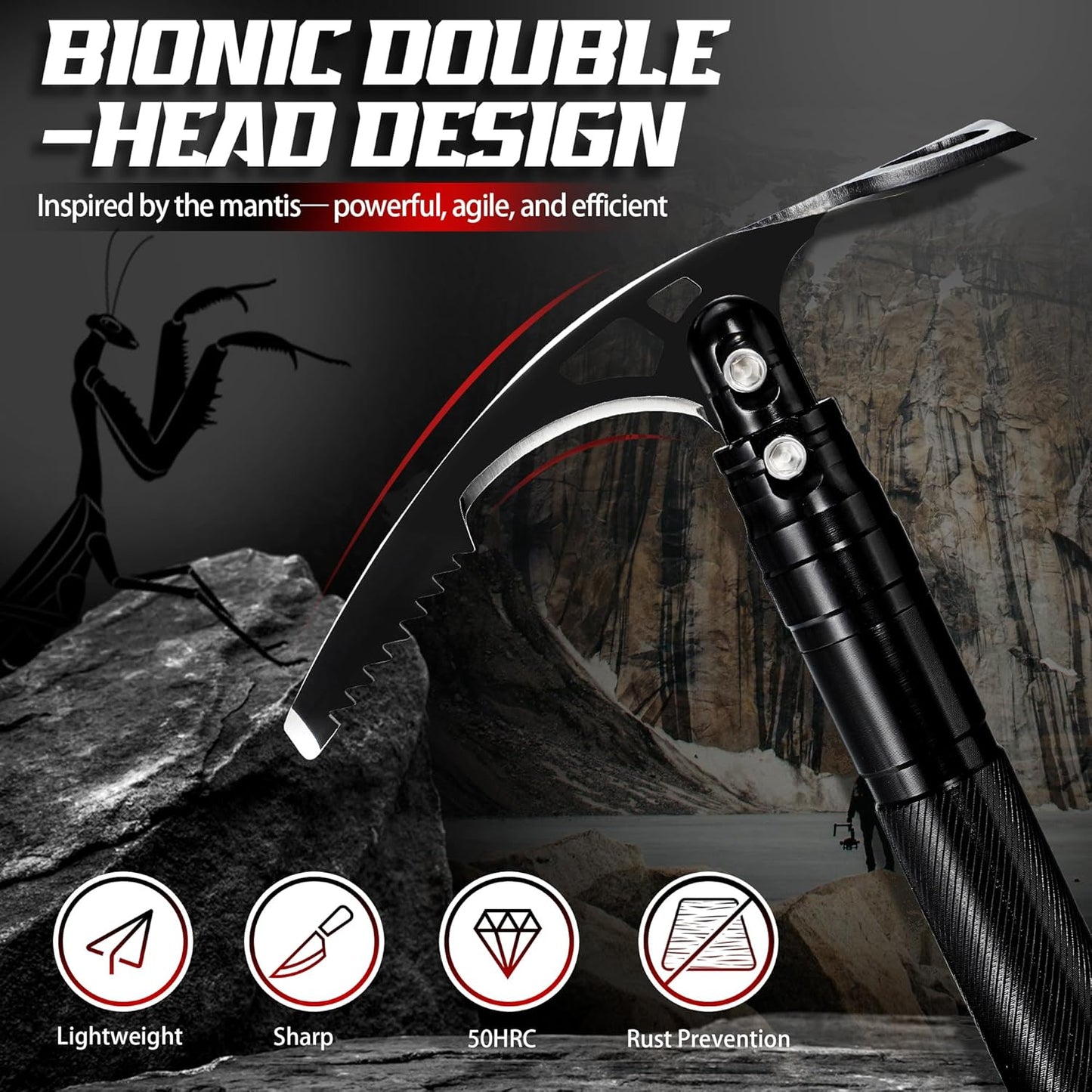 Pick Axe 8 in 1, Folding Pickaxe Mattock with Multi-Purpose Garden Hoe and Survival Knife, Stainless Steel Pick Axes for Digging, Ice Chipping and Weeding