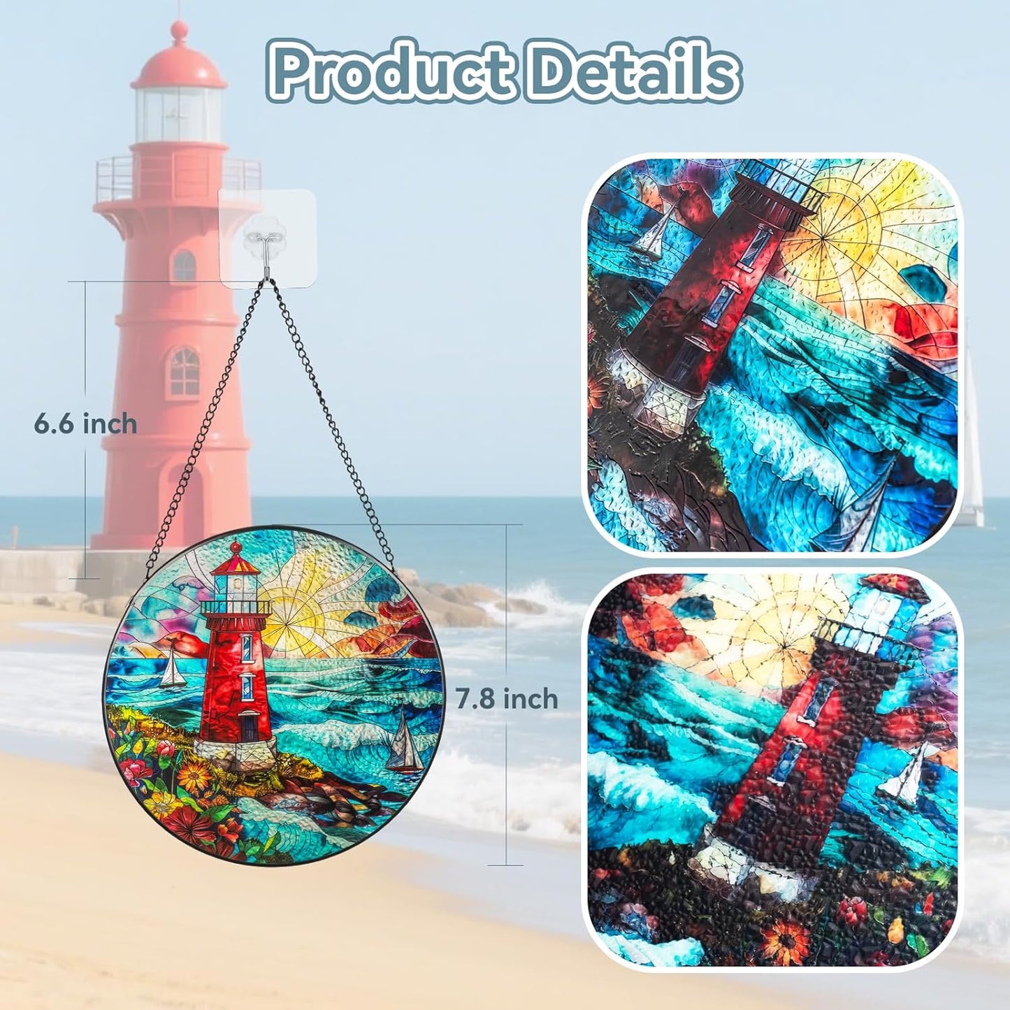 Suncatcher Stained Glass Window Hanging - Lighthouse Glass Panel with Metal Chain and Hooks Handmade Sun Catcher Decoration for Window Garden Home Christmas & Birthday Gifts (8 Inch)