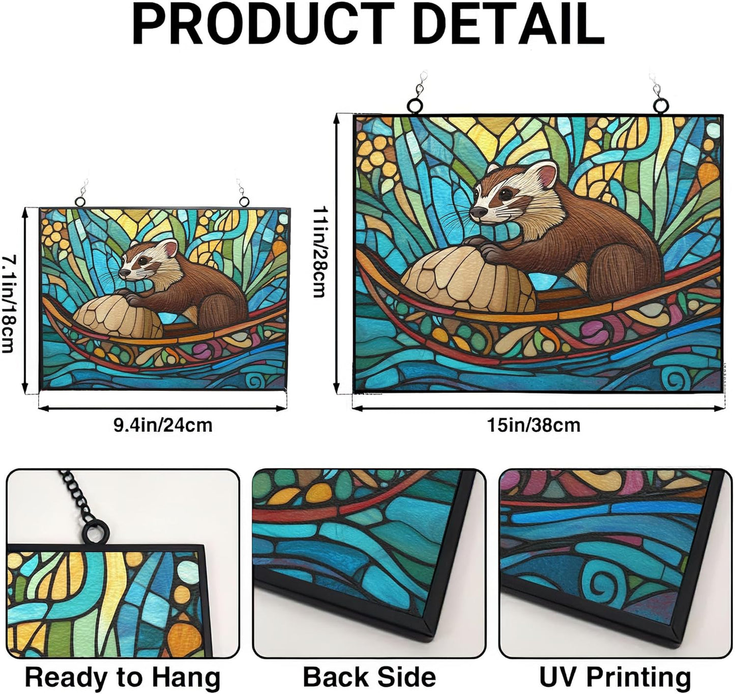 Rectangle Boho Ferret in Walnut Shell Stained Glass Suncatcher Window Hanging, Gothic Dragon Christmas Ornaments for Fiction Lovers, Dinosaur Room Decor for Nursery New Home Gifts
