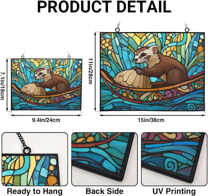 Rectangle Boho Ferret in Walnut Shell Stained Glass Suncatcher Window Hanging, Gothic Dragon Christmas Ornaments for Fiction Lovers, Dinosaur Room Decor for Nursery New Home Gifts