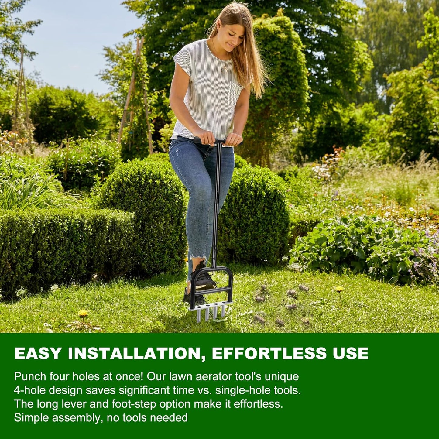 Lawn Core Aerator Tool Coring Grass Aerator Lawn Tool 4 Hollow Tines for Efficient Aeration Heavy Duty Steel Manual Plug Aerator for Lawn Care/Yard Soil Loosening/Grass Maintenance