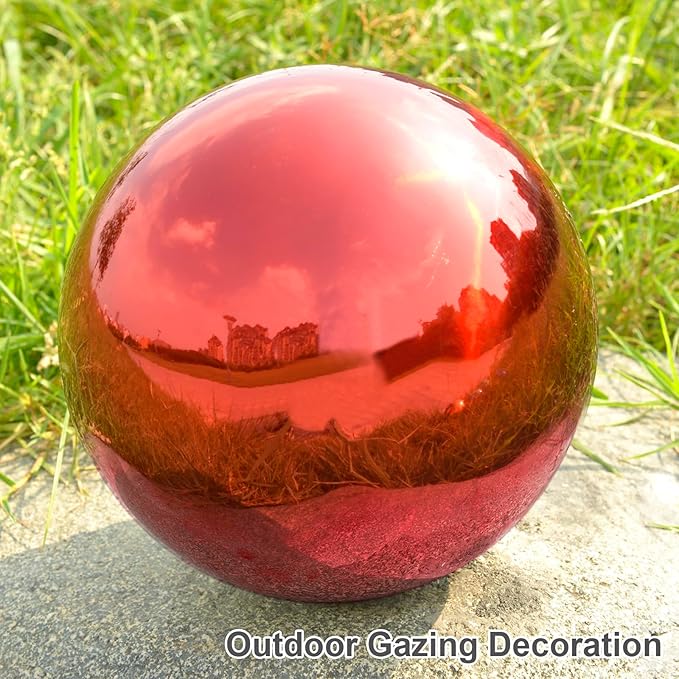 Nerien 6 Inch Gazing Ball, Stainless Steel Garden Mirror Globe, Polished Ornament Sphere, Hollow Floating Reflective Hemisphere, Home Outdoor Pond Housewarming Swimming Pool Decoration Gift, Red