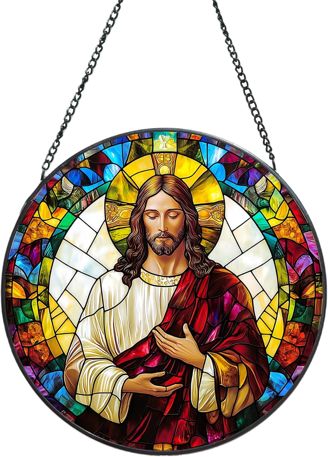 Suncatcher Stained Glass Window Hanging - Jesus Christ Glass Panel with Metal Chain and Hooks Handmade Sun Catcher Decoration for Window Garden Home Christmas & Birthday Gifts (8 Inch)