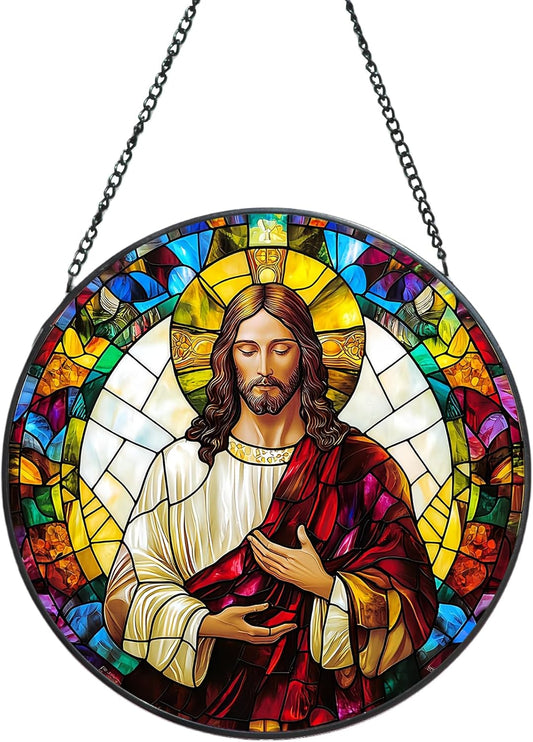 Suncatcher Stained Glass Window Hanging - Jesus Christ Glass Panel with Metal Chain and Hooks