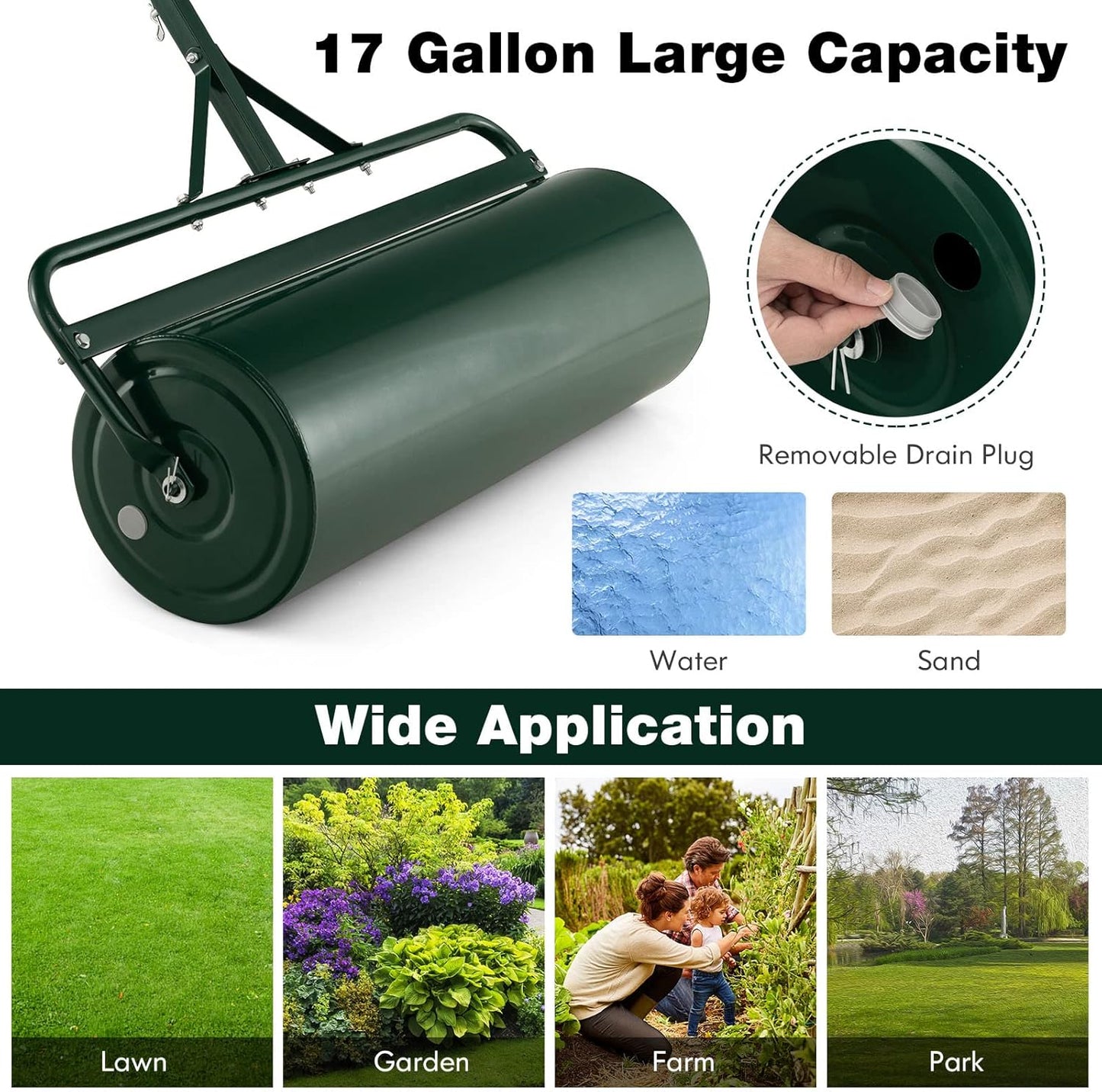Goplus Push/Tow-Behind Lawn Roller, 17 Gallon/63L Water/Sand-Filled Sod Drum With Detachable Gripping Handle, 12 by 36-Inch, Green - for Garden, Yard, Farm