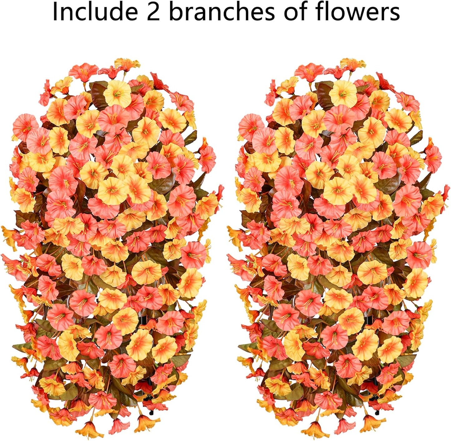 HyeFlora Artificial Fake Fall Hanging Flowers Plants for Outdoor Decor, 2PCS Faux Silk Fall Morning Glory Trailing Vines UV Resistant Look Real for Autumn Home Planter Porch Patio (Orange+Yellow)