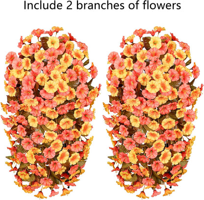HyeFlora Artificial Fake Fall Hanging Flowers Plants for Outdoor Decor, 2PCS Faux Silk Fall Morning Glory Trailing Vines UV Resistant Look Real for Autumn Home Planter Porch Patio (Orange+Yellow)