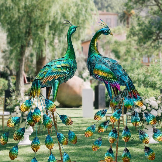 Kircust Metal Peacock Sculptures - Set of 2 Outdoor Garden Yard Art, Durable Weather-Resistant Lawn Statues, Hand-Painted, 30.7" H - Ideal for Backyard, Patio, and Porch Decor