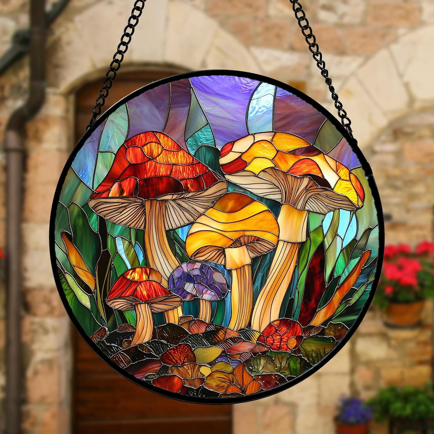 Stained Glass Window Hanging, Jungle Mushrooms Sun Catchers Diamond Glass Panel Hangings Plant Suncatcher Decor for Birthday for Women, Men, Wife, Aunt, and Mom 7.8 in