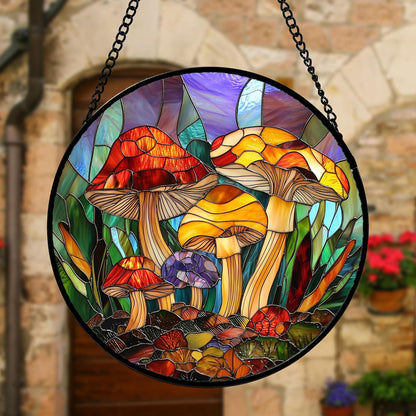 Stained Glass Window Hanging, Jungle Mushrooms Sun Catchers Diamond Glass Panel Hangings Plant Suncatcher Decor for Birthday for Women, Men, Wife, Aunt, and Mom 7.8 in