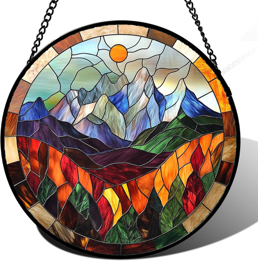 Stained Glass Window Hanging Orange Sun Colorful Mountains Landscape 9.8" - Suncatcher Door Garden