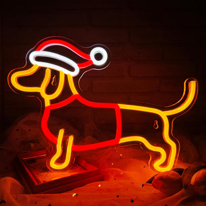 Dimmable Dachshund Neon Sign - Cute Dog with Christmas Hat - Led Light Sign for Home, Bedroom, Party Decor