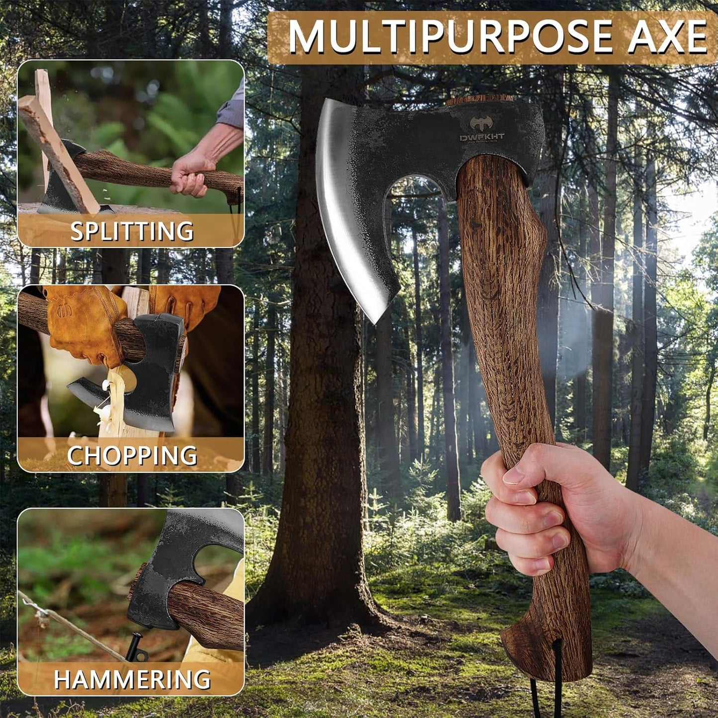 Hatchet Axe, 15.7" Camping Hatchet with Leather Sheath, Bushcraft Axe with 1065 Carbon Steel & Beech Handle, Survival Axe for Wood Splitting and Chopping - Perfect for Gardening and Outdoor