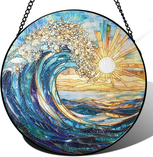 The Ocean Waves and The Sunrise Suncatcher -7.9 in Stained Glass Window Hanging Sun Catcher Garden
