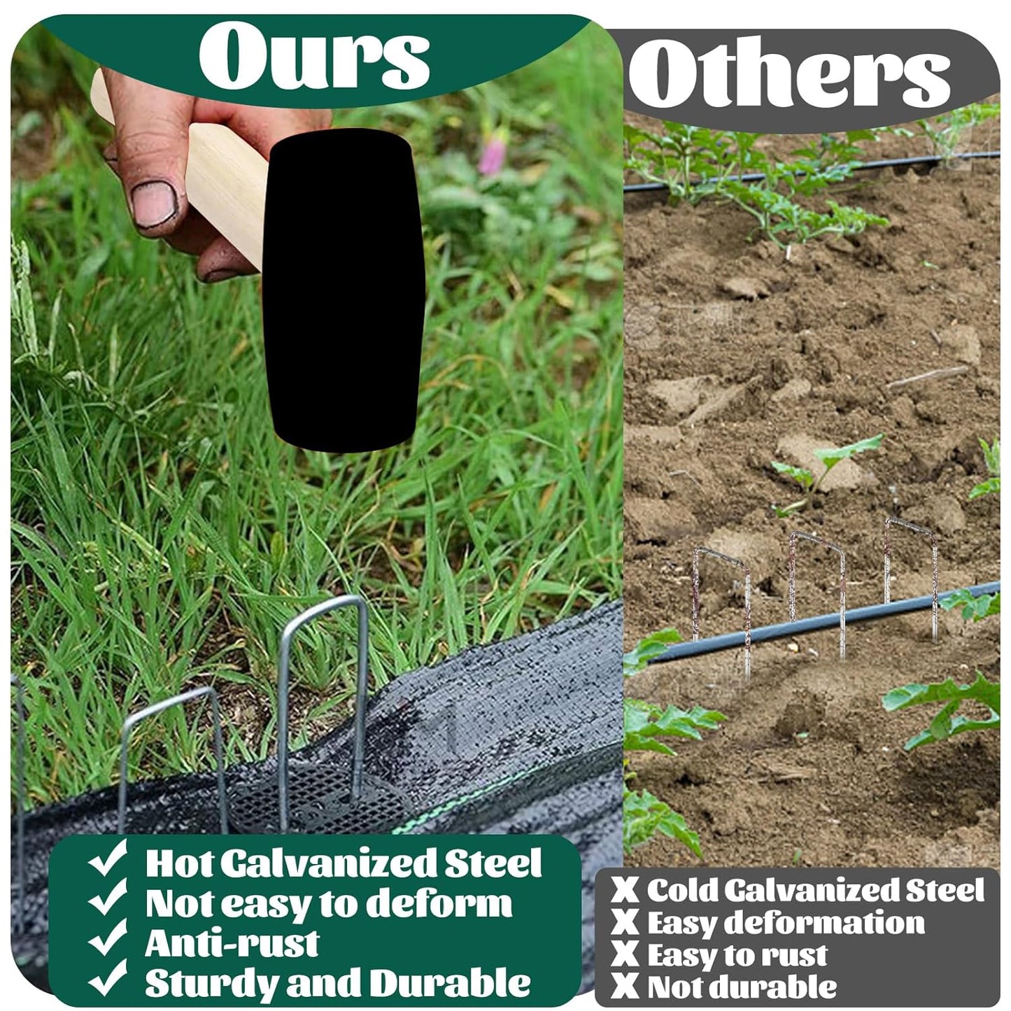 DAJAVE 100 Pack Landscape Staples 6 Inch 11 Gauge U-Shaped Garden Stakes,100Pcs Gasket with Hammer Pick Hook and Gloves Pair, Ground Staples for Securing Weed Barrier Fabric, Irrigation Tubing