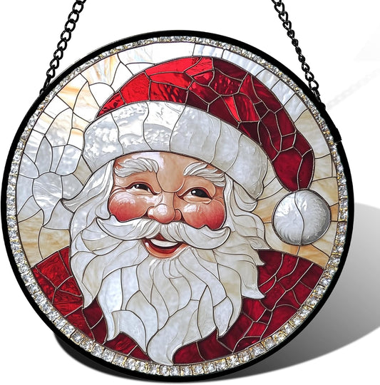 Stained Glass Window Hanging - Santa Claus with White Beard Suncatcher for Doors Home Christmas Decoration Winter Sun Catcher Thanksgiving New Year Birthday Gifts for Women Mom Nana 11.8 in