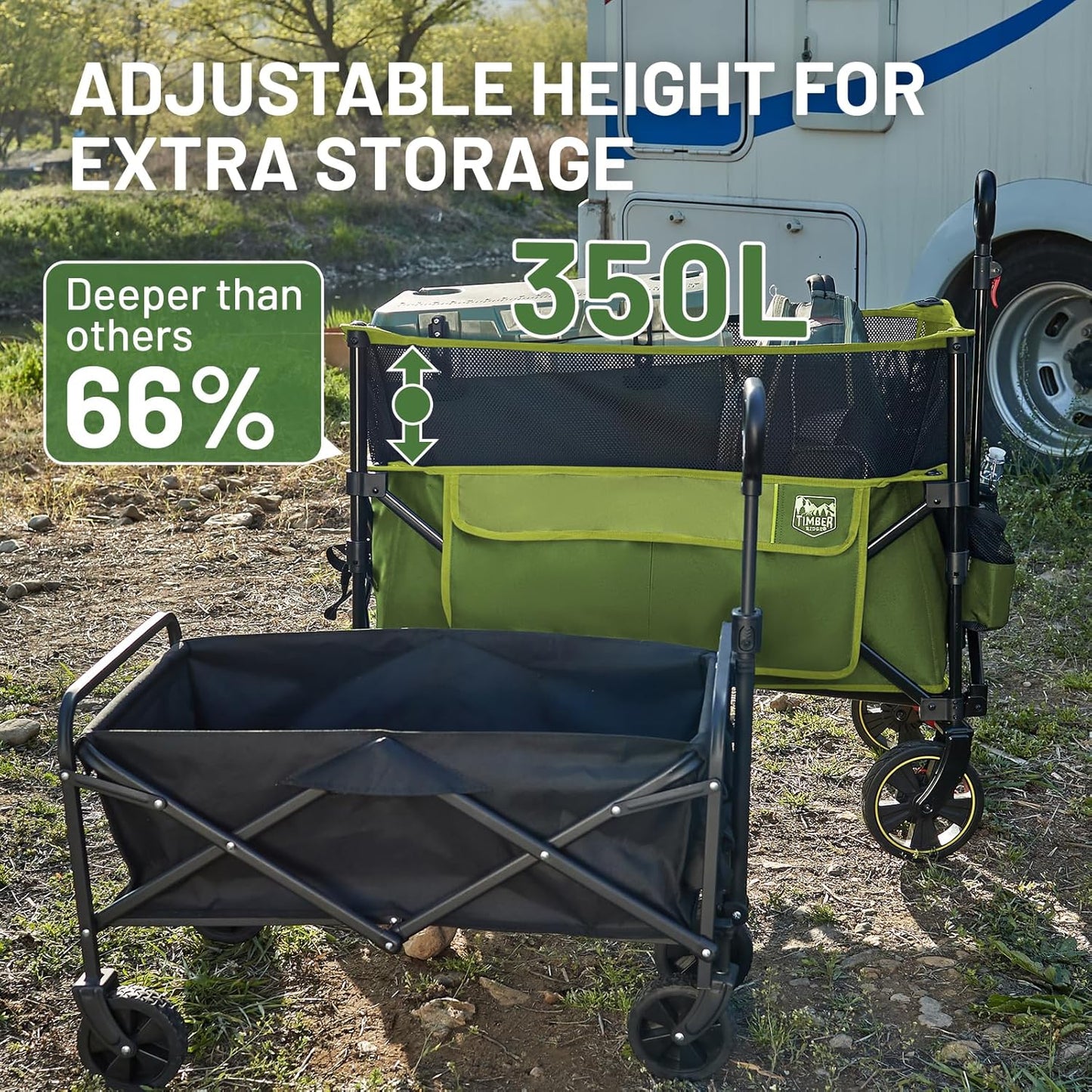 TIMBER RIDGE 350L Extra Large Collapsible Folding Wagon Carts with Brake, Heavy Duty Outdoor Camping Utility Wagons with Extended Height, Adjustable Handle, Cup Holders, Side Bag(Green)
