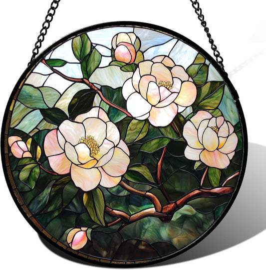 Stained Glass Suncatcher, Light Pink Flowers Green Leaf Sun Catcher Plant Stain Glass Window