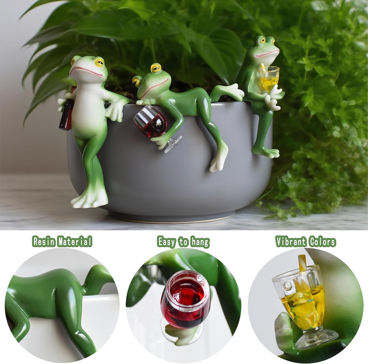 3 Pack Tipsy Frog Figurines Pot Huggers Statues Garden Decor for Outside,Plant Decorations for Pots,Miniature Frog Ornaments for Patio,Balcony,Backyard,Lawn,Unique House Warming Gifts for Women