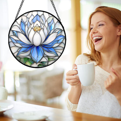 Stained Glass Window Hanging - Blue and White Lotus Petal Suncatcher for Doors Window Home Sun Catchers Decor Christmas Mother's Day July Birthday Gifts for Teacher Women Men Mom Nana 11.8 in