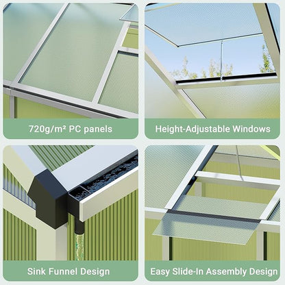 8x12 FT Greenhouse, Easy Assembly Aluminum Polycarbonate Greenhouses for Outdoors with Roof Vent, Large Aluminum Walk-in Greenhouse for Sunroom Patio, Backyard, Garden, Sliding Lockable Door, Silver