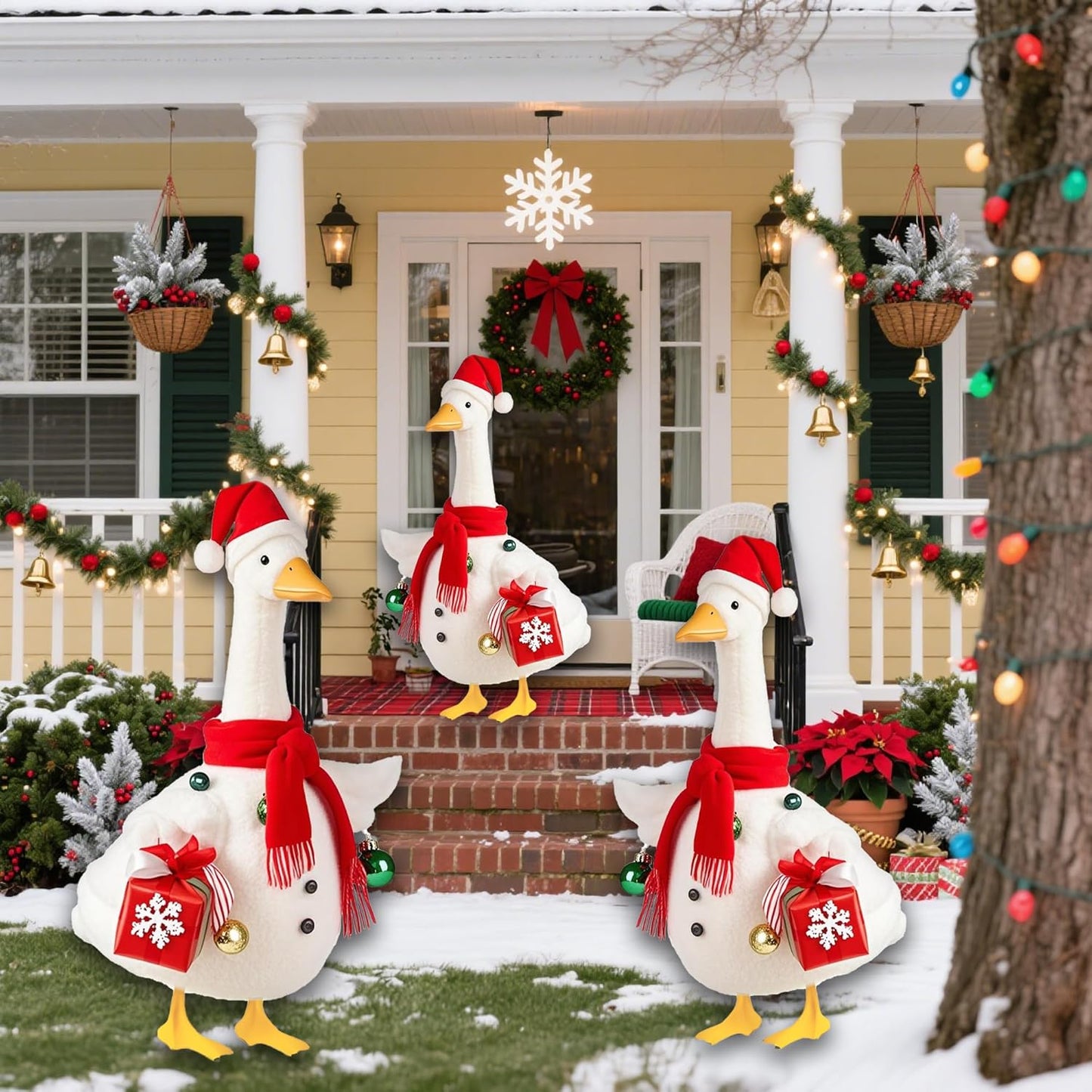 Christmas Snowman Porch Goose Outfits for Large 23" High Cement or Plastic Goose Statue, Yard Goose Cloths with Christmas Hat and Snowflake Gift Box Decor for Outdoor Lawn Gaden Patio