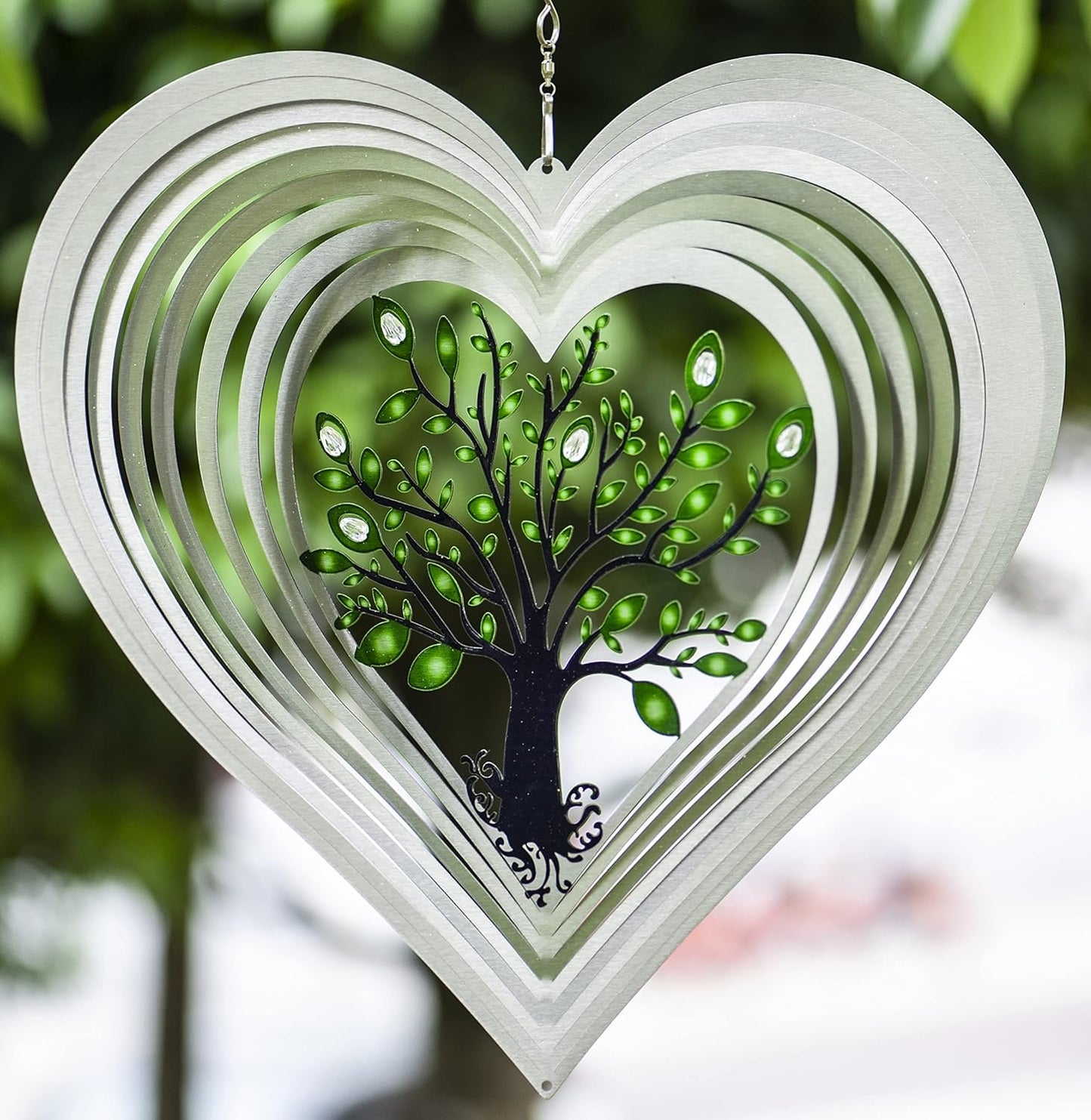 ISEO Silver Heart Wind Spinner for Yard and Garden with Crystals, Hanging Outdoor Decor, Yard Art, Porch and Patio Decorations, Metal Wind Spinners Outdoor, Weather Resistant, 15”
