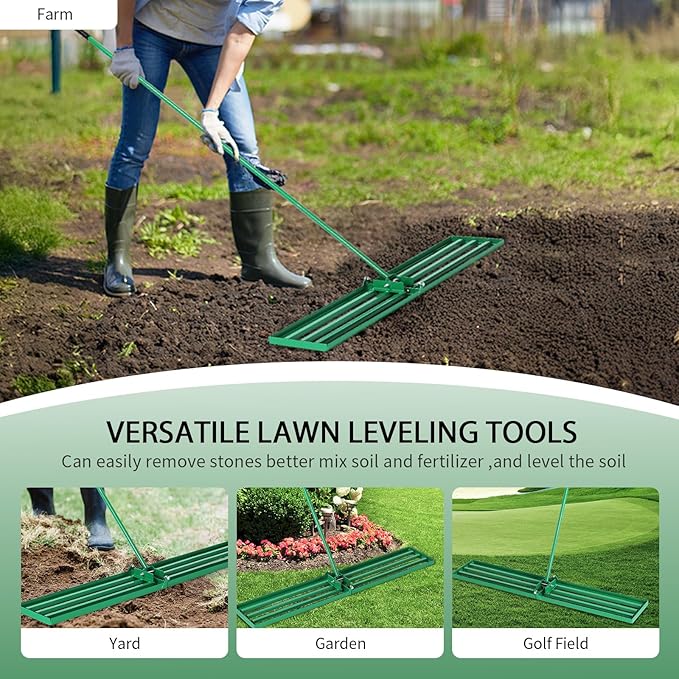 VINGLI Iron Lawn Leveling Rake 36in for Soil Sand Composs, Extended Handle, 180°Rotation Head, with All Handwares, for Yard Garden Golf Field, Green (36in)