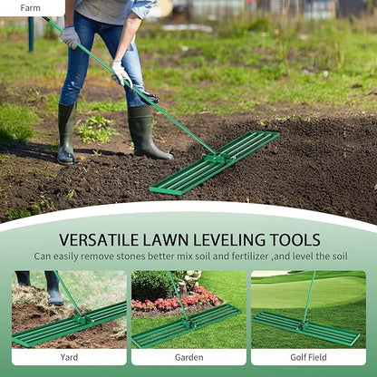 VINGLI Iron Lawn Leveling Rake 36in for Soil Sand Composs, Extended Handle, 180°Rotation Head, with All Handwares, for Yard Garden Golf Field, Green (36in)
