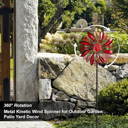 Rose Outdoor Metal Wind Spinner, Single-Layer Kinetic Garden Art with Vibrant Red Finish - Weatherproof Wind Sculpture for Lawn, Patio, Yard Decor - 10''W x 36''H