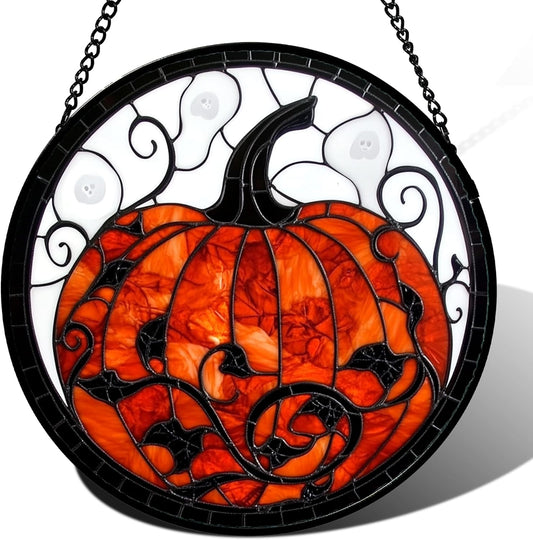 Stained Glass Window Hanging - Halloween Red White Scary Pumpkin Suncatcher for Doors Garden Home