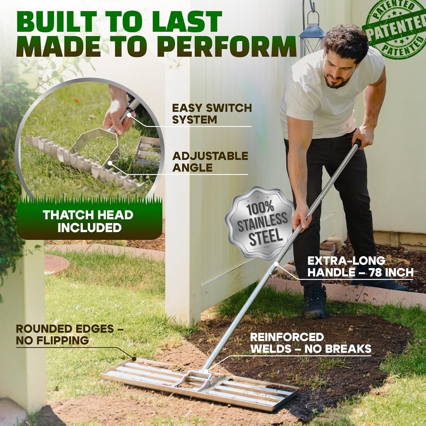 Oris Garden® Lawn Leveling Rake 30 inch - Ground Leveler for Yard, Sand, Soil, Grass - Dirt Leveling Tool, Heavy Duty Stainless Steel rakes for Golf, Grading, Gravel (30" Leveling + Thatch Rake)