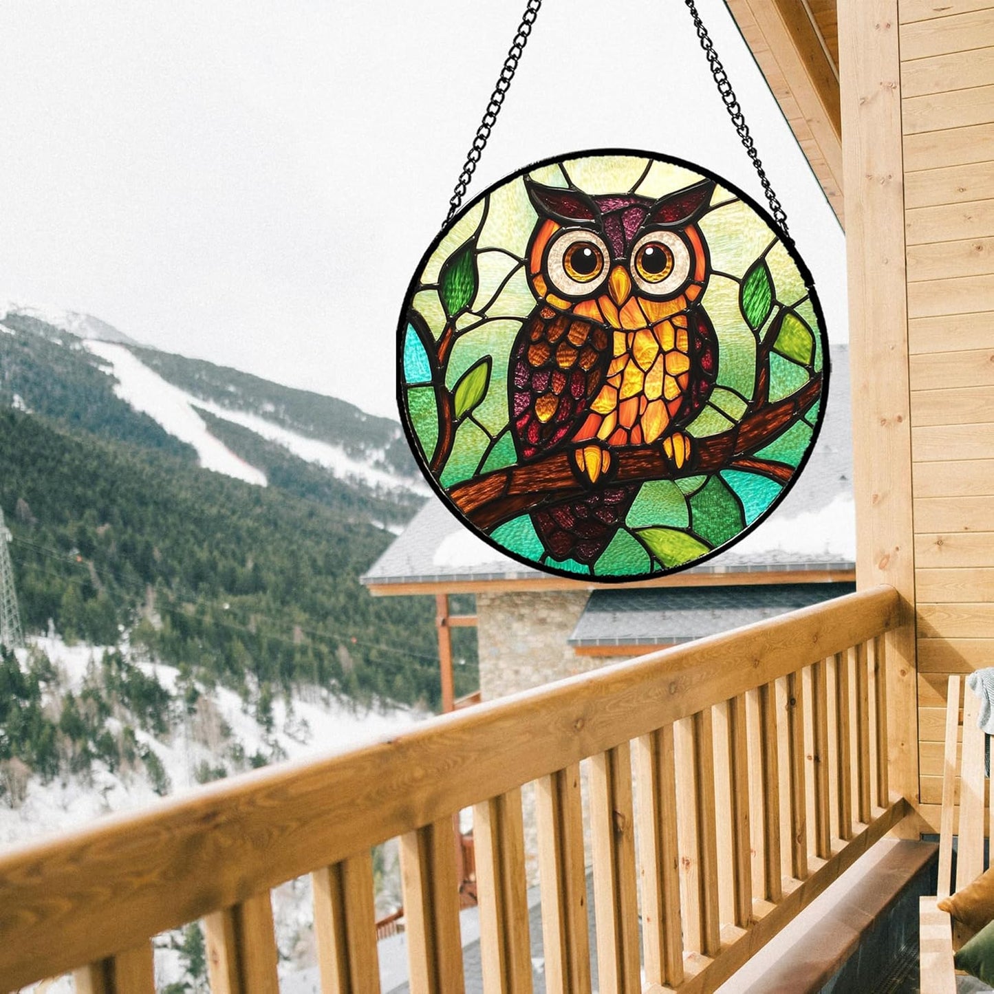 Stained Glass Window Hanging - Owl on a Branch Suncatcher for Doors Window Home Orange Brown Sun Catchers Decor Christmas Mother's Day Birthday Gifts for Teacher Women Men Mom Nana 9.8 in