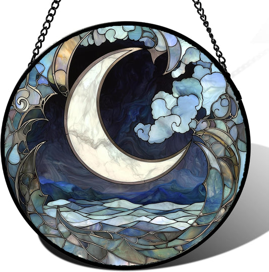 Stained Glass Window Hanging - Abstract Sea of Clouds Moon Sun Catcher for Door Terrace Garden Home