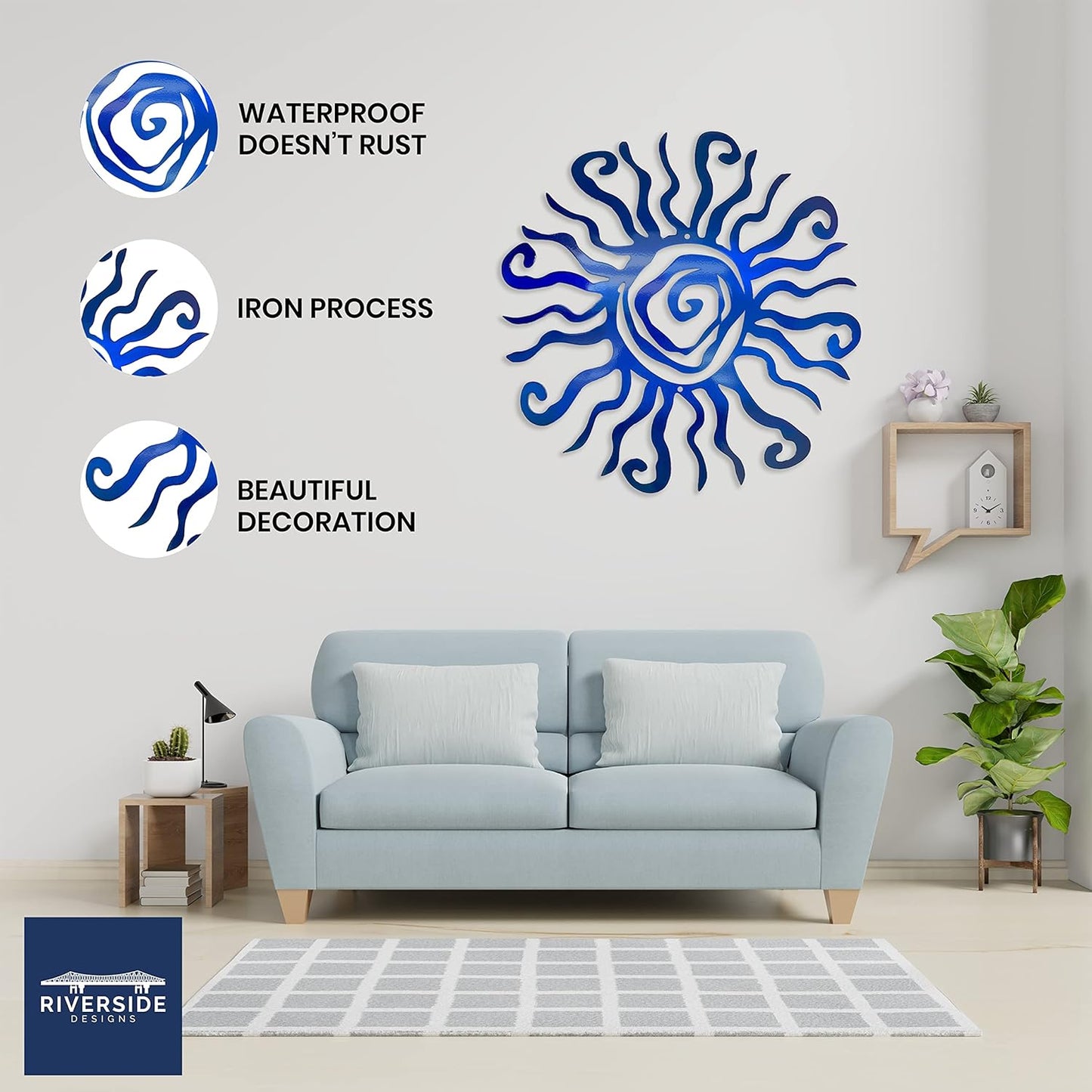 Riverside Designs Wacky Sun Metal Wall Art Indoor/Outdoor Decor - 36" Blue Rust Proof Wall Sculpture - Made in USA - Ideal for Bedroom, Garden, Home, Patio and Farmhouse